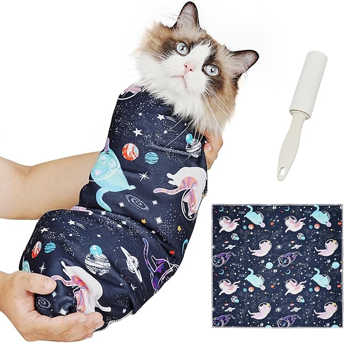 Supet Cat Grooming Wrap for Cutting Nails, 2026 Self-Adherent Cat Wrap, Anti-Escape Calming Cat Swaddle Wrap for Medicine, Nail Clipping, Teeth Brushing, Ear Cleaning (Space, XL)