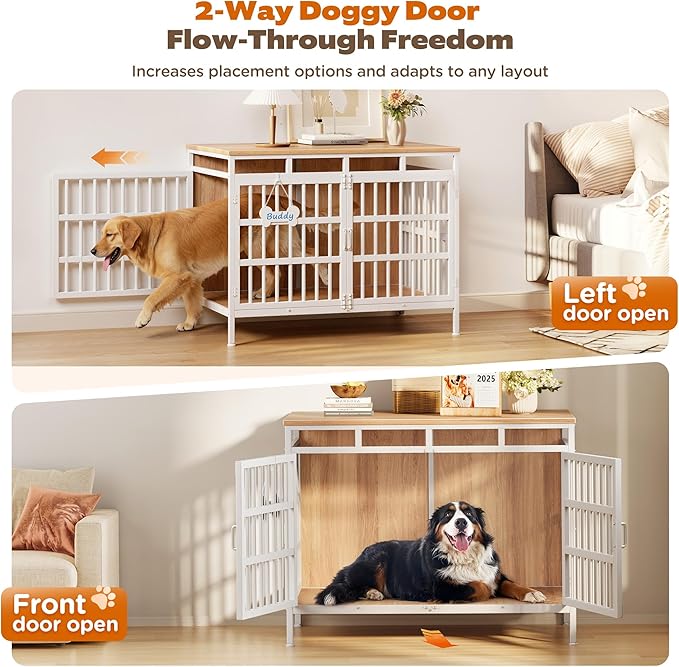 Extra Large Dog Crate Furniture, Heavy Duty Dog Kennel for Small Medium Large Dogs, Double Doors Indoor Decor Pet House Cage, Anti Escape Wooden Dog Cage with Name Tag End Table, TV Stand, Beige