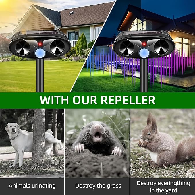 Upgraded Solar Animal Repellent, 2 Pack Ultrasonic Animal Repeller Outdoor USB Charge with Motion Sensor Cat, Deer, Squirrel, Dog,Raccoon,Skunk,Rodent,Rabbit Repellent for Yard Garden Lawn,Black