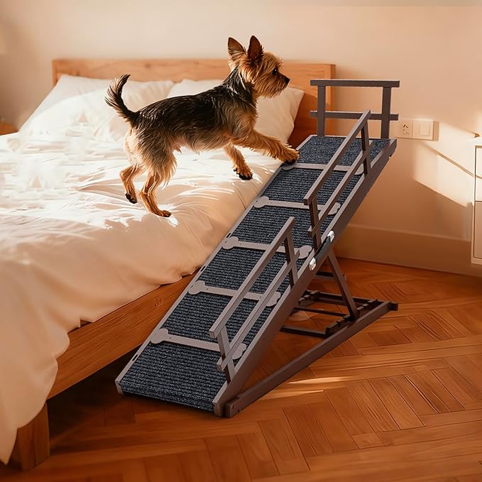 COSIEST Dog ramp for Bed, Wooden Pet Ramp Folding Portable for Couch and Bed, 64.5 Inch Long and Height Adjustable Dog ramp with Anti-Slip Grip & Safety Rails, Up to 200lbs, Brown