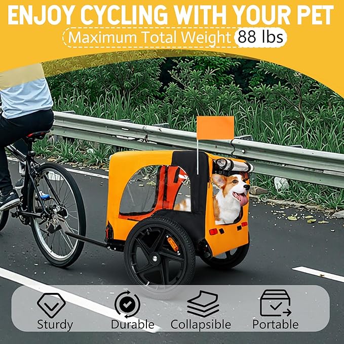 Anwick Dog Bike Trailer, Heavy Duty Dog Trailer for Bicycle, Cart Pet Bike Carrier with 3 Doors, 16" Wheels, Flag, Collapsible to Store, Pet Cart Bicycle Carrier for Small and Medium Pets