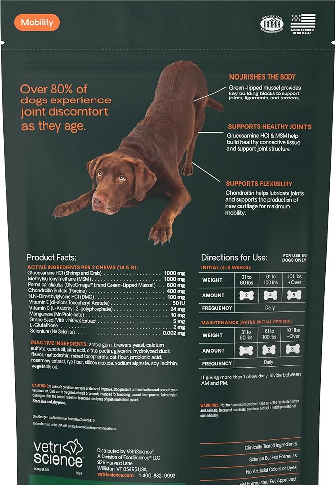 VetriScience Ultimate Strength Healthy Hip & Joint Chews, GlycoFlex Glucosamine,Chondroitin & Green-Lipped Mussel Support Supplement for Dogs, Soothe Joint Discomfort,Duck,60 Count (Pack of 2)
