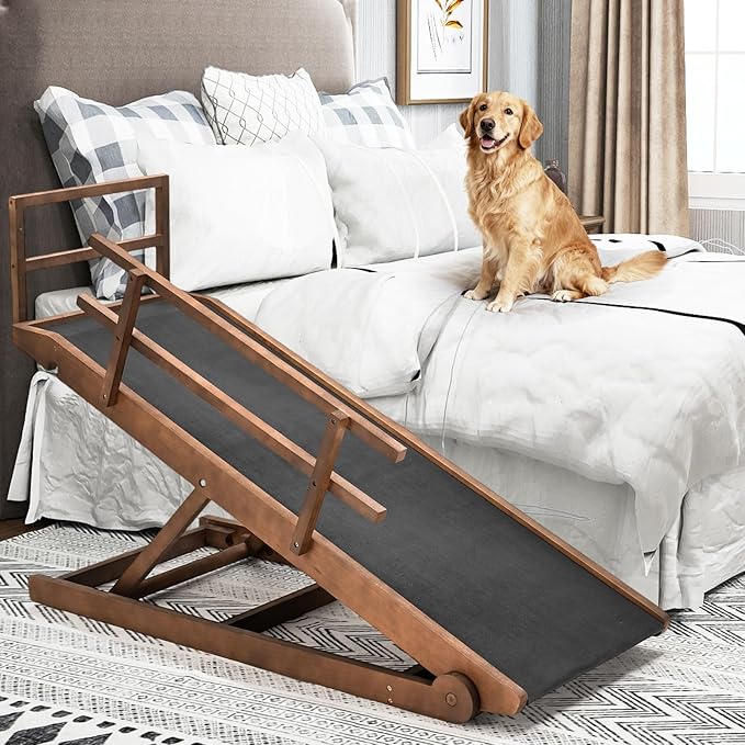 SLSY Dog Ramp for High Beds & Couches, 63" Folding Adjustable Pet Ramp with Non-Slip Rubber Mat, 5 Height Levels (15.7"–31.4"), Portable Dog Stairs for Large Dogs up to 250 lbs, Brown