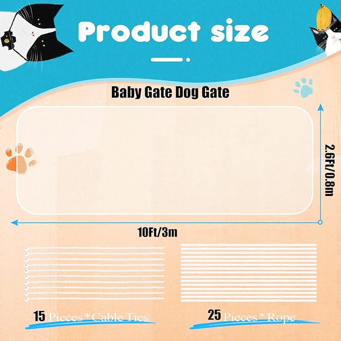 Cat Balcony Rail Net, 10x2.6Ft Anti Fall Netting PET Balcony Mesh Fence Net, Cat Safety Net Balcony Screen, Crib Stair Patios Balcony Railing Cover for Kids & Pets - Black
