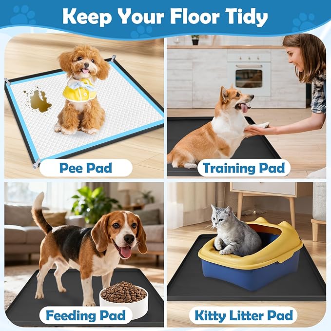 Dog Pee Pad Holder, 2 Pack Dog Potty Tray Silicone Puppy Pad Holder Tray Fits for 24" x 24" Training Pads, Puppy Potty Tray with 8 Clamps No Spill Raised Lip High Edge for Floor Protection (Black)