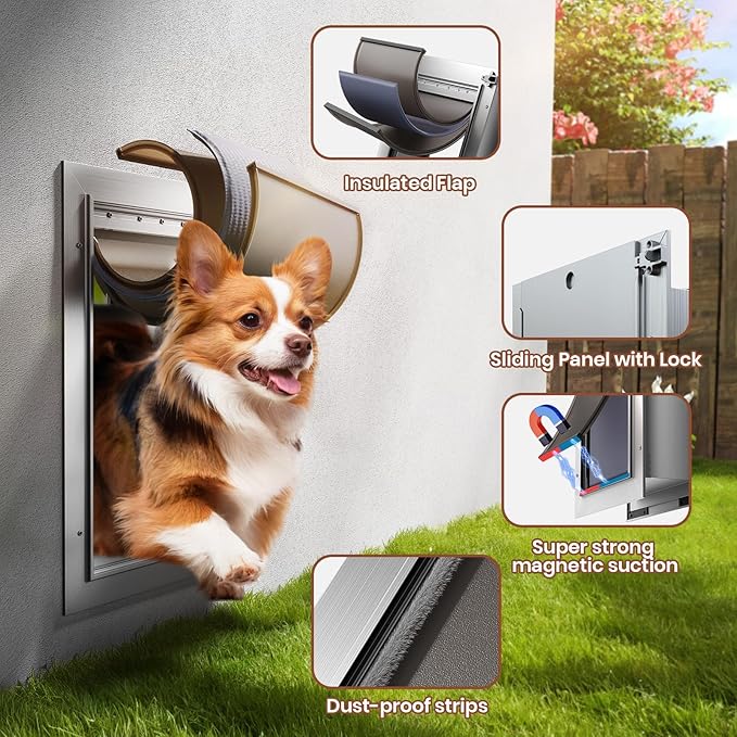 3-Flaps Insulated Dog Door for Wall, Rust Proof Aluminum Alloy Medium Doggy Door, Heavy Duty Pet Door with Dual Lock, Extreme Weather Doggie Door for Interior Exterior Wall, Pets Up to 45LB