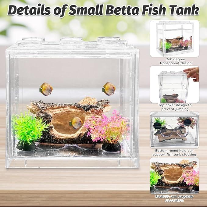 PINVNBY Mini Betta Fish Tank Kit Stackable Small Aquarium Kit 0.6 Gallon Fighting Fish Tank Set with 2Pcs Artificial Plants and Decorations Cave for Small Fish Shrimp Crab Snails Turtle as Decoration