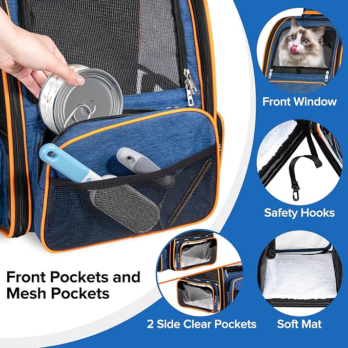 Discala Cat Backpack Carrier for Medium Small Dog Cat up to 20lbs, Pet Carrier Backpack, Ventilated Mesh Soft Sided Dog Backpack Carrier for Travel, Hiking, Outdoor Use - Blue