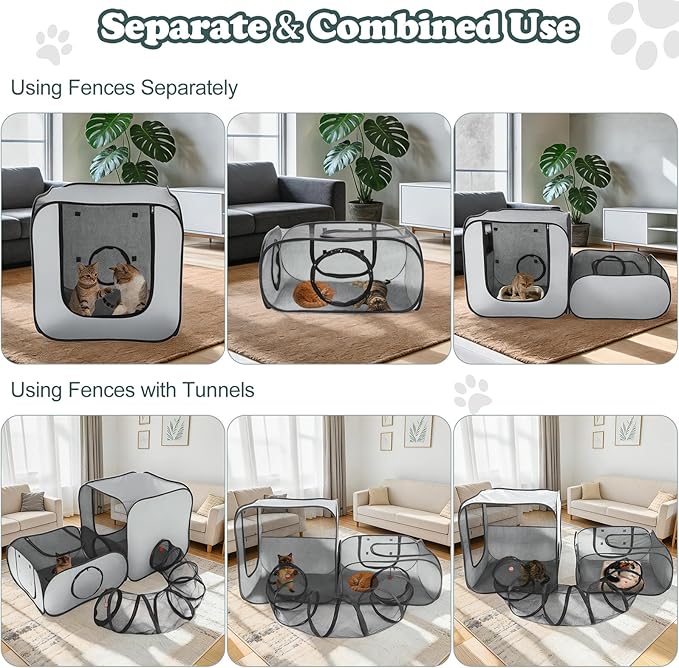 Cat Playpen, 3-in-1 Pop-up Outdoor Cat Enclosure with 2 Rooms 1 Tunnel, Breathable Pet Playpen for Indoor Outdoor Use, Portable Catio Tent with Carry Bag for Kitten Rabbit Small Animals, Gray