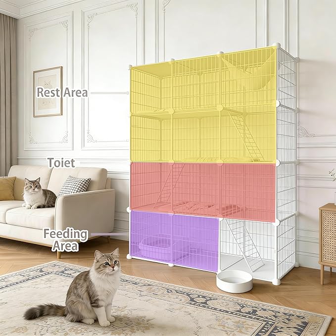 Large 4-Tier Cat Cage Indoor, DIY Cat Enclosures Detachable Metal Wire, Indoor Cat Crate Exercise Place Ideal for Kitty, Small Animals (White, 41" L x 14" W x 55" H, 7)