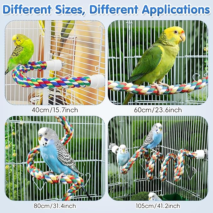 Colorful Bird Rope Perch Stand, Birdcage Swing Spiral Toys, Bird Climbing Standing Bungee Rope Perches Chew Toys Cage Accessories for Cockatiels Parrots Birds (15.7 inch /40 cm)
