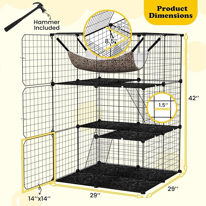 PETSITE 3-Tier Cat Cages Indoor, Metal Wire Cat Enclosure with Extra Large Hammock, 2 Ladders, and 4 Lockable Doors, Detachable Indoor Cat Catio Kennel for 1-3 Cats Kitten, Anti-toppling Kits Included