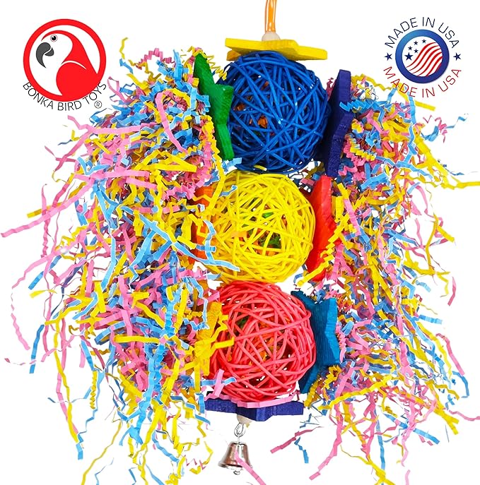 Bonka Bird Toys 1854 Tri Foraging Star 13" x 8" Natural Vine Ball Chew and Shred Toy for Medium to Large Birds Like Conures African Greys Amazons and Similar