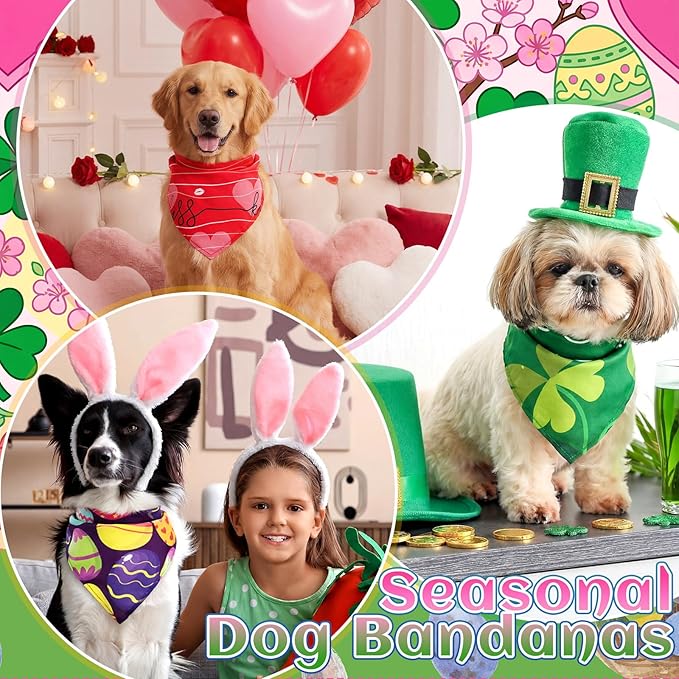 100 Pcs Seasonal Dog Bandanas Valentines Day St. Patrick's Day Easter Pet Bandanas Bulk Holiday Triangle Pet Bibs Scarf for Medium Large Dog Spring Festival Costume Decor