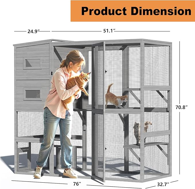 Large Indoor Cat Catio, 4 Tier Outdoor Cat Enclosures House for Cats with Weatherproof Roof, 3 Resting Rooms, 3 Platforms, Cats Catio Connect to Window with 2 Large Door, Feral Pet Shelter