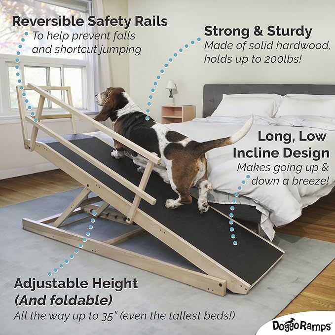 Large Dog Ramp for Bed, by DoggoRamps – Extra Wide Dog Ramp for Large Dogs to Get on High Beds up to 35" Tall – Wide Ramp with Rails, Platform & Non-Slip Grip – Made in N America from Solid Hardwood