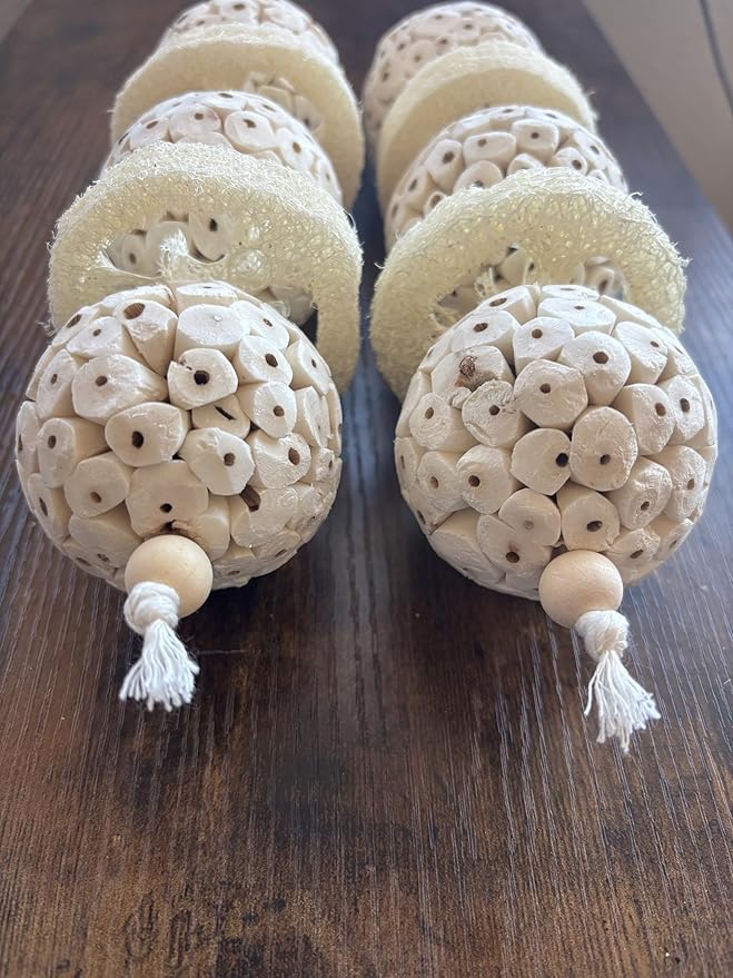 Triple Stack Natural Sola Ball and Loofah Slice Hanging Toy - Medium Birds - Set of Two (Medium)