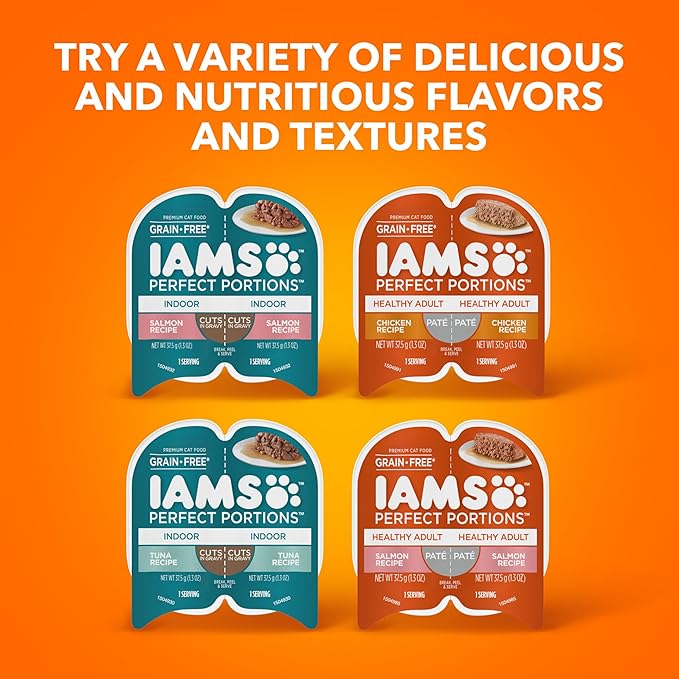 IAMS Perfect Portions Grain Free Wet Cat Food, Indoor Adult Cat Food Wet Cuts in Gravy, Variety Pack: Tuna & Salmon Recipe, 1.98 lb. (Pack of 1) Twin-Pack Trays