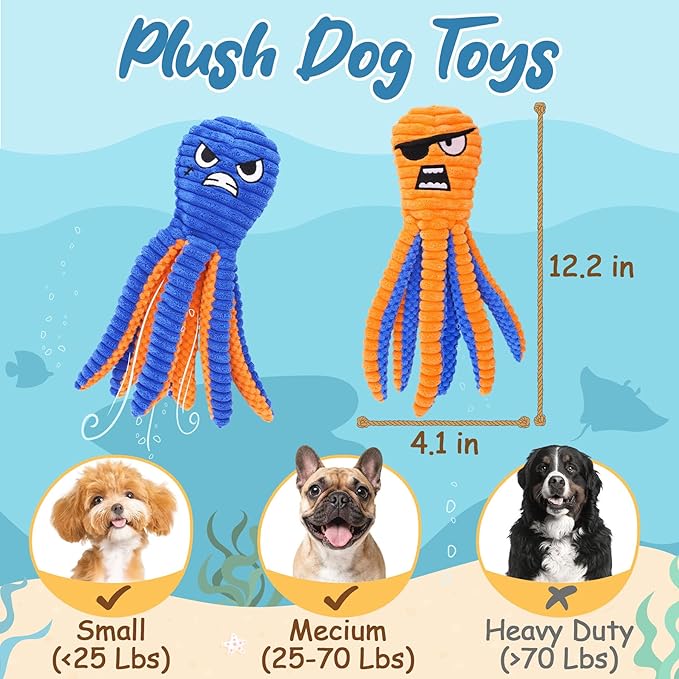 Zeaxuie Interactive Dog Toys, 2 Pack No Stuffing Dog Toys for Teething, Squeaky Chew Toy to Keep Them Busy for Small and Medium Breed, Crinkle Octopus