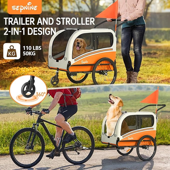 Sepnine Dog Bike Trailer, Supports up to 110 lbs, 2-in-1 Pet Stroller Cart Bicycle Carrier, Easy Folding Cart Frame with Quick Release Wheels, Universal Bicycle Coupler, Non-Slip Floor, Internal Leash