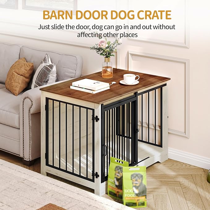 39.4" Heavy Duty Dog Crate Furniture with Barn Door, Wood Indoor Dog Crate Kennel for Small/Medium/Large Dogs, End Side Table, TV Stand, Anti-Chew Anti-Escape, White Brown DFC02314B