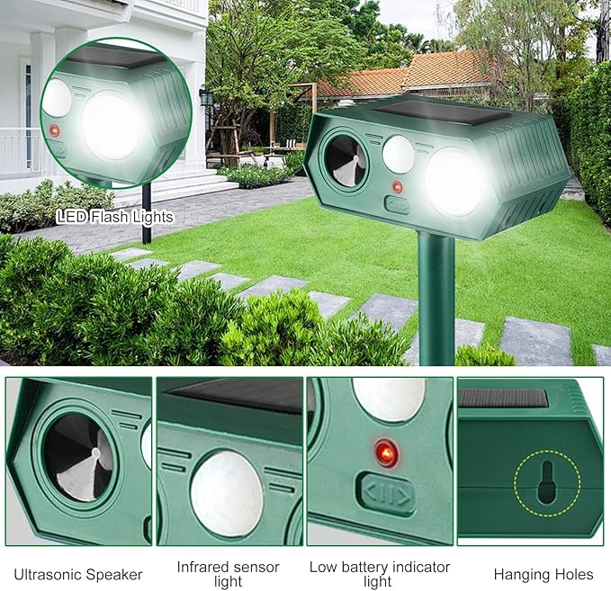 2025 Solar Animal Repellent,Upgraded Ultrasonic Cat Repellent Outdoor,Waterproof Deer Deterrent for Bird Dog Skunk,Squirrels Deterrent with Motion Detection Flash Lights for Outdoor Farm (2 Pack)