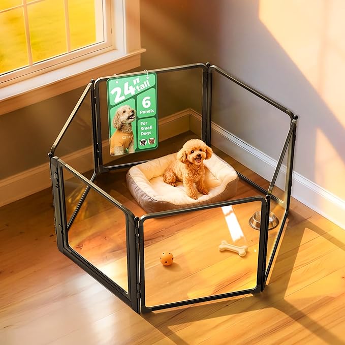 FXW AuraSpace Pro Metal & Acrylic Indoor Dog Playpen, All-Acrylic Clear Heavy-Duty Design, 24" Height 6 Panels for Puppies & Small Dogs, Black│Patented