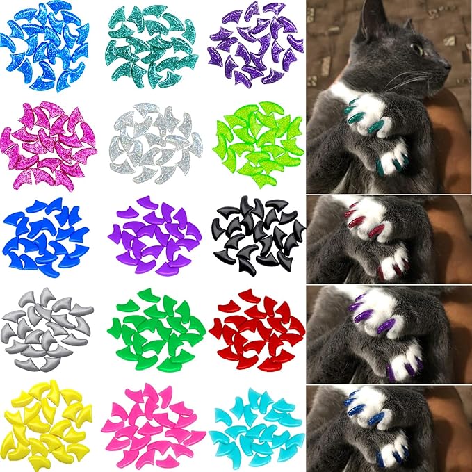 VICTHY 160pcs(16 Colors) Cat Nail Caps Cat Claw Caps Cat Nail Covers with Adhesives and Applicators (Medium)