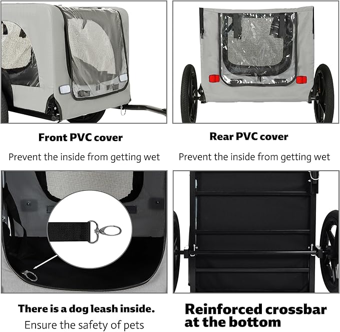 Collapsible Pet Bike Trailer, Portable Dog Bicycle Trailer with Enhanced Safety Design, Weatherproof & Ventilated Pet Carrier for Small to Medium Pets Up to 66 lbs (Grey)