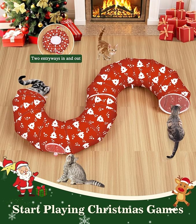 Pawaboo Cat Tunnel Bed Under Christmas Tree, 35.4'' Christmas Cat Toy Circle Tunnel with Ball,Cats Tunnels Christmass Trees Skirt Decorative Festive Foldable Kitty Tube Tunnels for Cats(Red Xmas Tree)