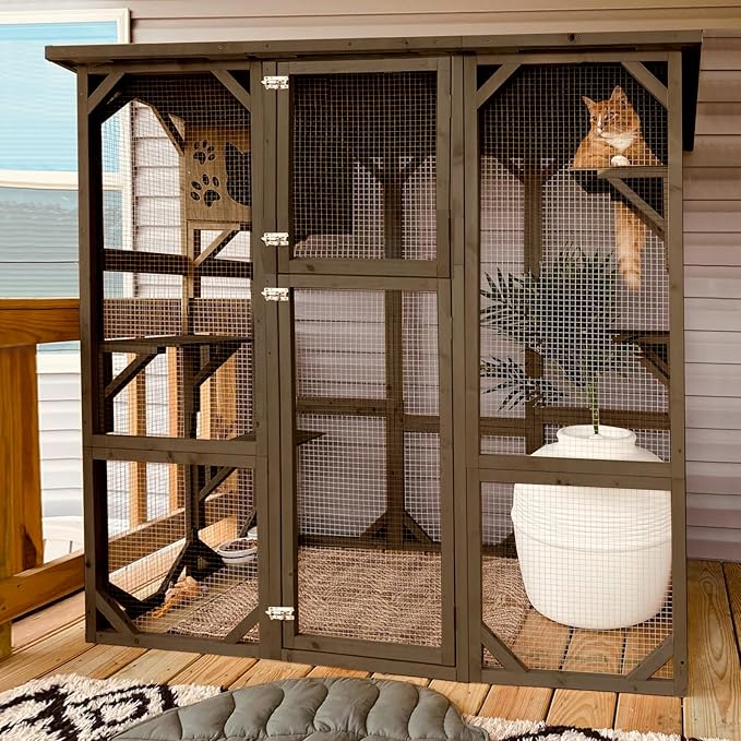 Grepatio Cat Enclosure Large Outdoor Catio Wooden Cat House with Weatherproof, Cat Cage Condo Indoor Playpen with Platform and Small House (Brown)