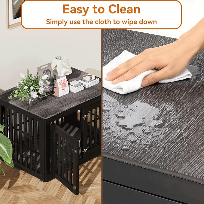 42" Heavy Duty Dog Crate Furniture for Small,Medium and Large Dogs,Rustic Wooden Dog Cage Kennel Indoor Furniture with Waterproof Top,Decorative Pet House Side End Table (Black & Grey)