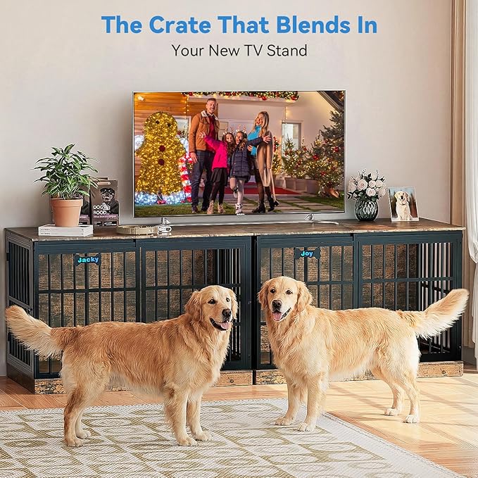 Petrova 47" Dog Crate Furniture for 1 Dogs, Heavy Duty Indoor Dog Kennel for Medium/Large Dogs, Wooden Dog Cage with Sliding Barn Door, Name Tag, Rustic Brown