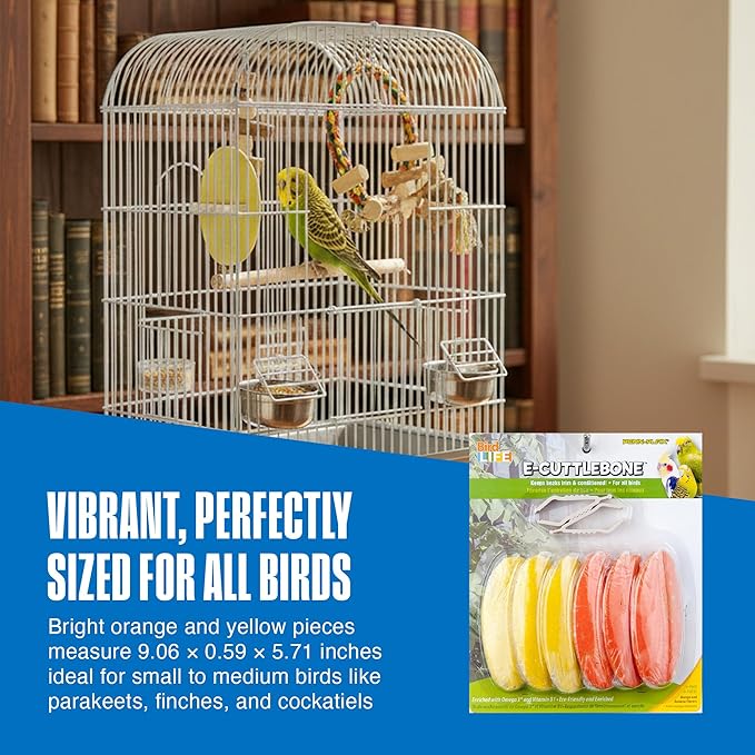 Penn-Plax Bird-Life E-Cuttlebone Flavored, 1 Pk (6 Counts) - Mango & Banana - Durable, Less Brittle Cuttlebones Enriched with Omega 3 and Vitamin B1 - 2 Cage Clips -For All Bird Sizes -Orange & Yellow