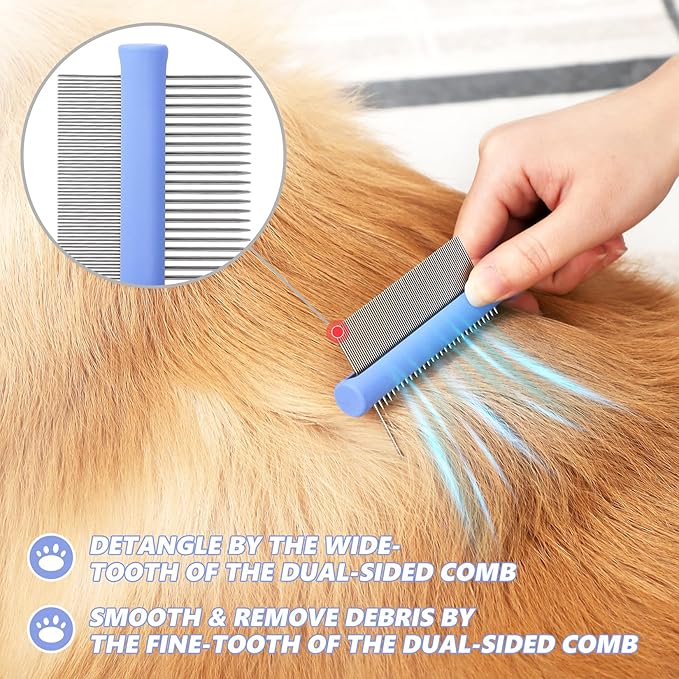 Dematting Comb for Doodles & Poodles, Dual-Sided Comb Tool for Long Curly Haired Dogs, Grooming Brush Kit for Removing Mats and Tangles, Stainless Steel, Beech Wood