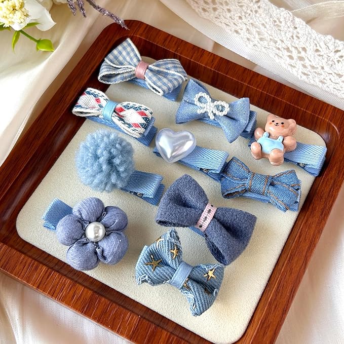 Blue Dog Hair Clips and Rubber Bands Small Dog Bows Denim Cute Pet Grooming Accessories Alligator Clips Stay In Hair Barrettes Flower Bear Hairpin Topknot Headdress Yorkie Puppy Maltese Girls Dogs