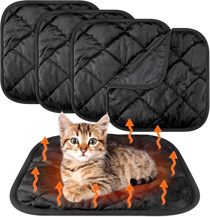 4 Pack Self Heating Cat Pad Self Warming Dog Mat Reflects Body Heat Extra Warm Thermal Pet Pad Washable Dog Cat Bed Crate Bed Mat Blanket(16 x 16 Inch,Black)