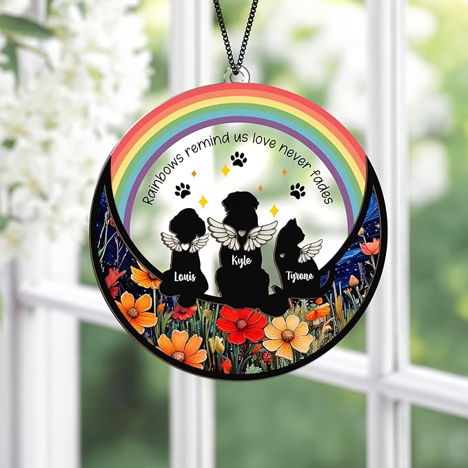 Personalized Angel Dog Memorial Suncatcher, Pet Ornament Remembrance Gift, Loss of Animal Sympathy Card, Rainbow Bridge Pet Loss Keepsake, Bereavement Condolences Gift for Cat Mom Pet Lovers