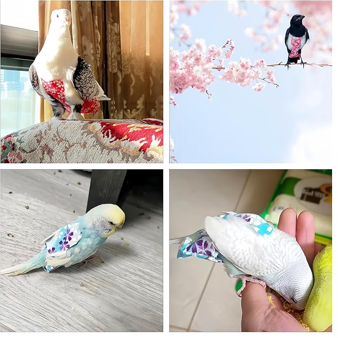 2 Pcs Bird Diapers Bird Harness Flight Suits Diapers with 80in Flying Leash Reusable Parrot Nappy with Waterproof Inner Layer for Cockatiel Budgie Conure Parakeet Lovebird-Red&Light Blue