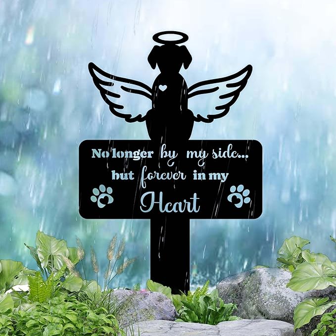 Angel Dog Grave Marker – 12in Memorial Stone with Halo and Paw Prints, Weatherproof Pet Headstone for Outdoor Use, Dog Tombstone for Graves, Sympathy Gift for Loss