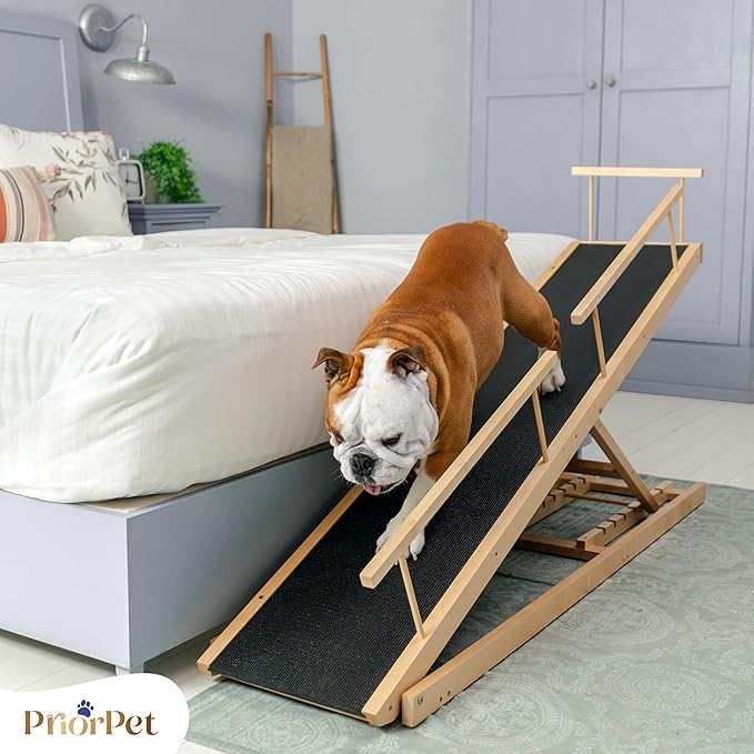 Dog ramp for Bed - PRIORPET Birchwood Adjustable Ramp for Dogs to Get on Bed: Dog ramps for High Beds up to 37 Inches – Foldable Ramp, Anti-Slip Grip & Safety Rails, Small Dogs Up to 120lbs – Natural