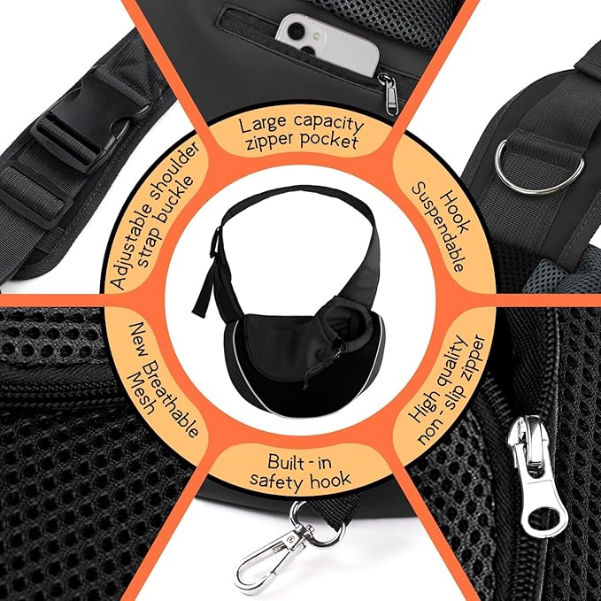 YUDODO Pet Sling Carrier for 2-5 lbs Small Dogs & Cats – Hands-Free Puppy Carrier with Safety Hook, Large Zipper Pocket, Soft Breathable Mesh, Adjustable Strap & Reflective Strip (Black 2.0 S)