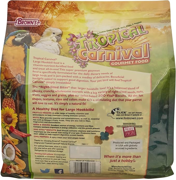F.M. Brown's Tropical Carnival Gourmet Large Hookbill Food for Parrots, Cockatoos and Macaws Over 13", 5-lb Bag - Vitamin-Nutrient Fortified Daily Diet