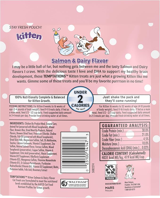 Temptations Kitten Treats Classic Crunchy and Soft Cat Treats, Dairy Flavor, 6.3 oz. Pouch (Pack of 10)