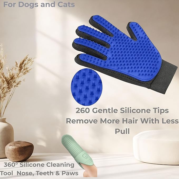 Pet Hair Removal Glove for Dogs & Cats, Pet Grooming Glove – 2-in-1 Deshedding & Massage Mitt – Soft Silicone Tips – Left & Right Hand Set + Bonus Detail Tool