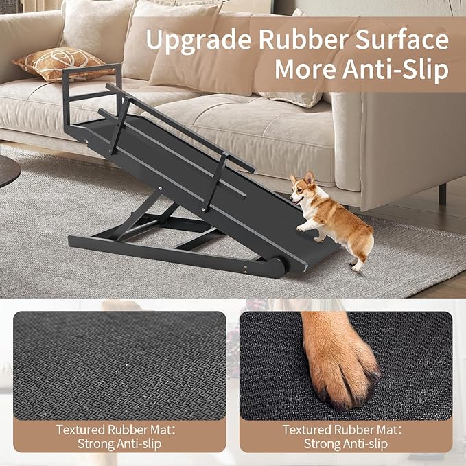 SLSY Dog Ramp for Bed, Couch & SUV, Upgraded Folding Adjustable Pet Ramp with Non-Slip Rubber Mat, 45.2" Long, 5 Heights 15.7''–23.6", Portable Wooden Step Supports up to 200 lbs for Dogs and Cats