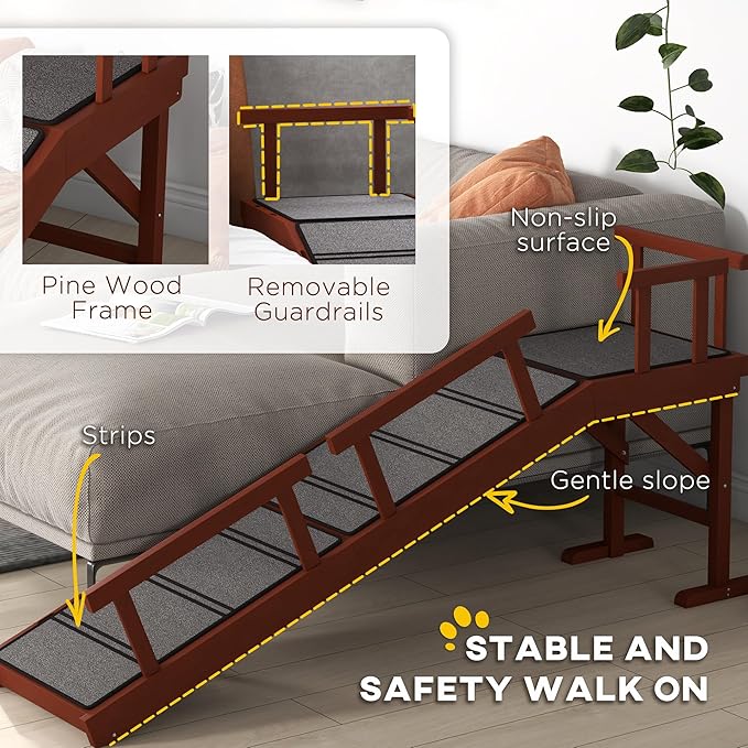 PawHut Dog Ramp, Dog Stairs for Small, Medium & Large Dogs, Pet Ramp for Bed or Couch with Removable Guardrails, Non-Slip Surface, 60" Long, Brown