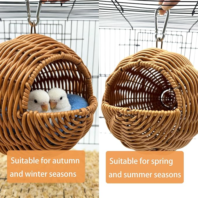 Rattan Bird Nest for Cage，Hanging Parakeet Bed Hammock Hideout Lay Eggs Canary Nest Sleep Parakeet Warm House Hut Parrot Cage Accessories for Cockatiel Budgerigar Finche Canaries