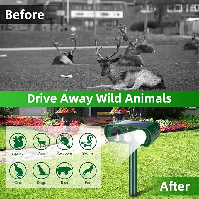 2 Pack 2026 Solar Ultrasonic Animal Repellent Outdoor IP65 Waterproof Motion Activated Cat Deterrent & Deer Repellent Devices Ultrasonic Pest Repeller for Raccoon, Squirrel, Rabbit, Dog, Skunk, Rodent