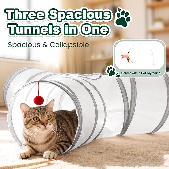 Love’s Cabin Cat Tunnel for Indoor Cats, 3-Way Collapsible Play Tunnel with Teaser Wand, Peek Holes & Toy Ball, Small Pet Toy for Kittens & Rabbits, White & Light Grey, Small Size
